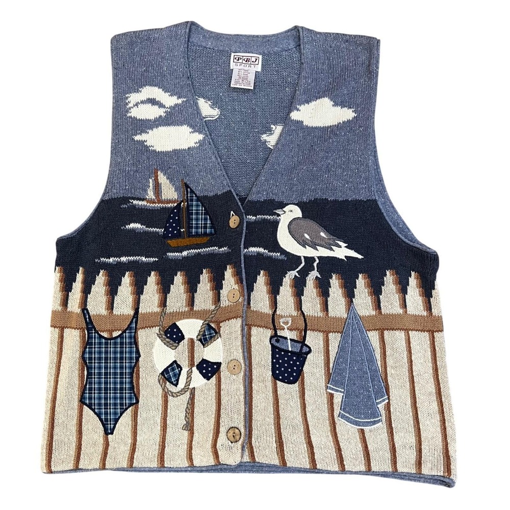 Vintage Nautical Sweater Vest Sailboat Fishing Scene Grandpacore XL - Picture 1 of 7